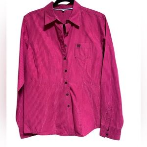 CINCH LADIES BUTTON UP BLOUSE PINK WITH GOLD THREADS LARGE EUC